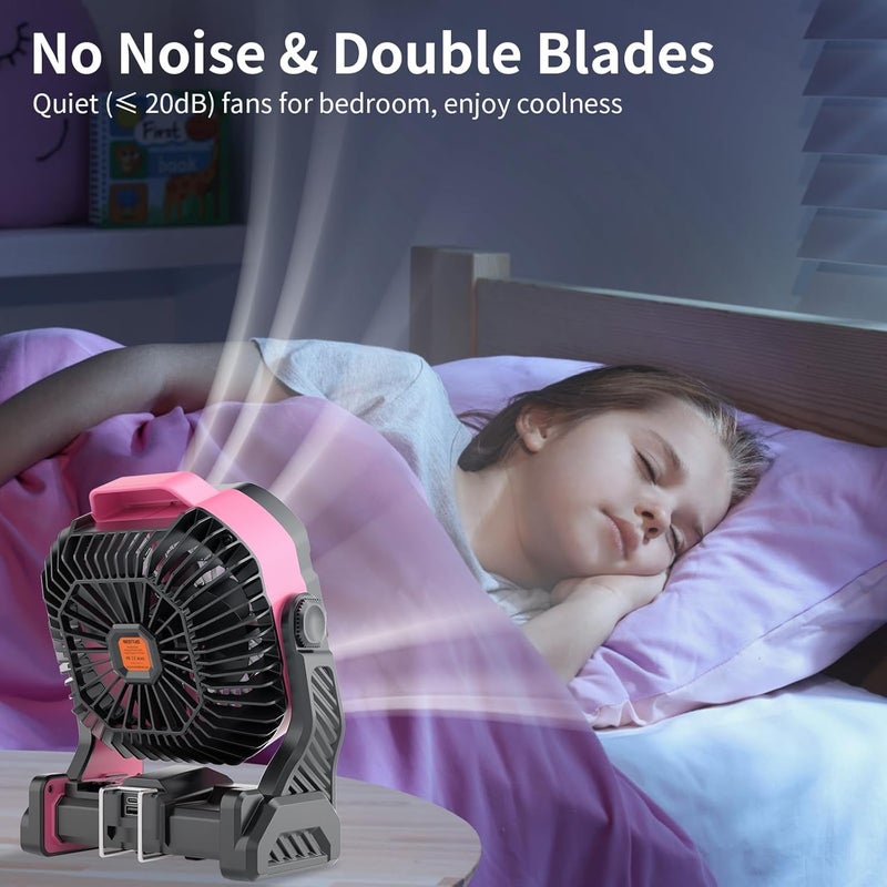 WESTTREE 20000mAh Battery powered fan Camping essentials,Portable fan Battery Operated Rechargeable Tent Fan with Light & Hook X26A Pink - Image 4